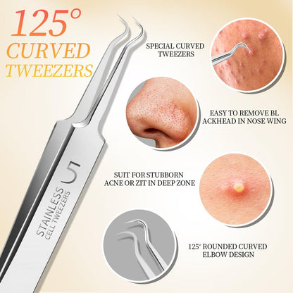 Teenitor Professional Blackhead Tweezers and Pimple Popper Tool Kit, 4-Piece Stainless Steel Cell Tweezers for Blackhead, Pimple, Whitehead, Acne Removal