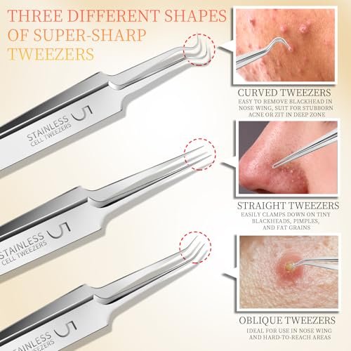 Teenitor Professional Blackhead Tweezers and Pimple Popper Tool Kit, 4-Piece Stainless Steel Cell Tweezers for Blackhead, Pimple, Whitehead, Acne Removal - görsel 6
