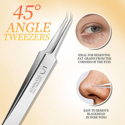 Teenitor Professional Blackhead Tweezers and Pimple Popper Tool Kit, 4-Piece Stainless Steel Cell Tweezers for Blackhead, Pimple, Whitehead, Acne Removal