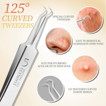 Teenitor Professional Blackhead Tweezers and Pimple Popper Tool Kit, 4-Piece Stainless Steel Cell Tweezers for Blackhead, Pimple, Whitehead, Acne Removal
