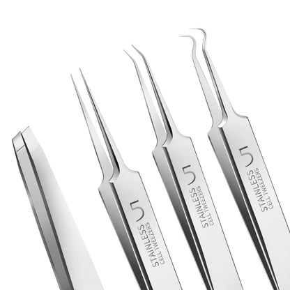 Teenitor Professional Blackhead Tweezers and Pimple Popper Tool Kit, 4-Piece Stainless Steel Cell Tweezers for Blackhead, Pimple, Whitehead, Acne Removal