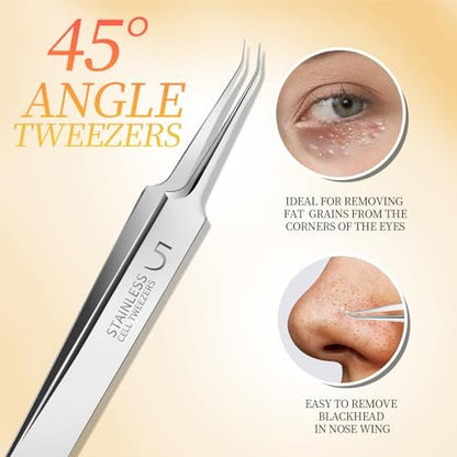 Teenitor Professional Blackhead Tweezers and Pimple Popper Tool Kit, 4-Piece Stainless Steel Cell Tweezers for Blackhead, Pimple, Whitehead, Acne Removal