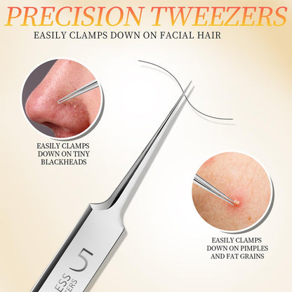 Teenitor Professional Blackhead Tweezers and Pimple Popper Tool Kit, 4-Piece Stainless Steel Cell Tweezers for Blackhead, Pimple, Whitehead, Acne Removal