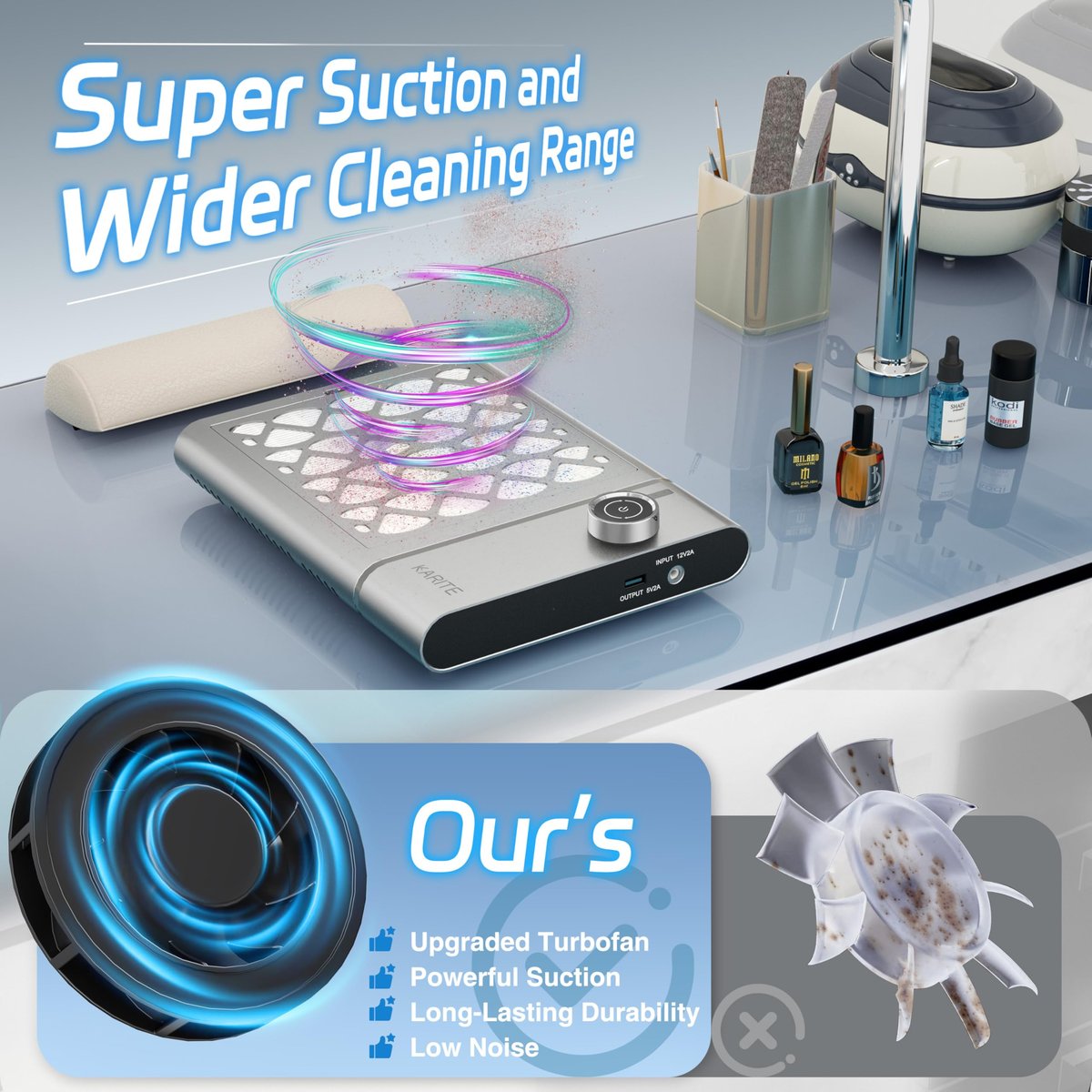 Karite Nail Dust Collector: Cordless Rechargeable Vacuum with 6000mAh Battery, 5000RPM Suction & 30 Sanding Papers Avelisse