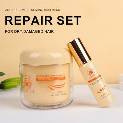 Aomimegel Hair Mask Argan Oil Set – Deep Repair & Collagen Treatment for Dry, Damaged Hair, 16.9 fl oz + 2 fl oz Avelisse