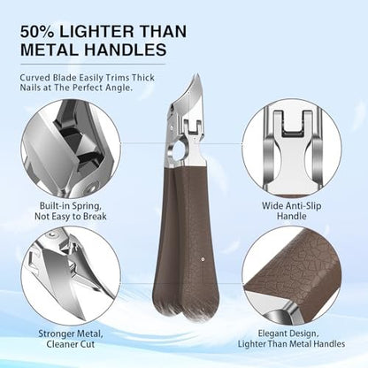 Eagle Beak Slanted Nail Clippers for Thick & Ingrown Toenails - Wide Jaw Opening Anti-Splash Angled Toenail Cutter with Curved Blade, Cuticle Clippers for Seniors, 3-Piece Set with Case
