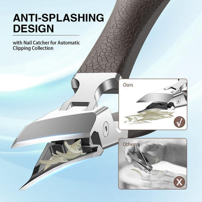Eagle Beak Slanted Nail Clippers for Thick & Ingrown Toenails - Wide Jaw Opening Anti-Splash Angled Toenail Cutter with Curved Blade, Cuticle Clippers for Seniors, 3-Piece Set with Case
