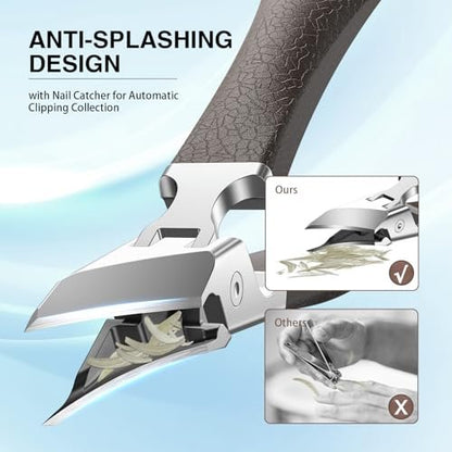 Eagle Beak Slanted Nail Clippers for Thick & Ingrown Toenails - Wide Jaw Opening Anti-Splash Angled Toenail Cutter with Curved Blade, Cuticle Clippers for Seniors, 3-Piece Set with Case