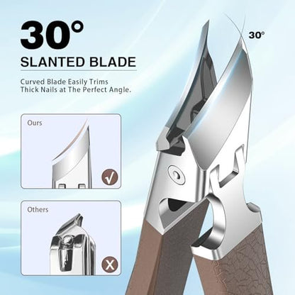 Eagle Beak Slanted Nail Clippers for Thick & Ingrown Toenails - Wide Jaw Opening Anti-Splash Angled Toenail Cutter with Curved Blade, Cuticle Clippers for Seniors, 3-Piece Set with Case