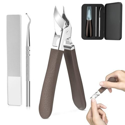 Eagle Beak Slanted Nail Clippers for Thick & Ingrown Toenails - Wide Jaw Opening Anti-Splash Angled Toenail Cutter with Curved Blade, Cuticle Clippers for Seniors, 3-Piece Set with Case