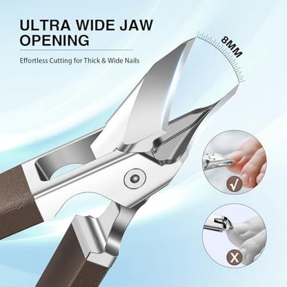 Eagle Beak Slanted Nail Clippers for Thick & Ingrown Toenails - Wide Jaw Opening Anti-Splash Angled Toenail Cutter with Curved Blade, Cuticle Clippers for Seniors, 3-Piece Set with Case