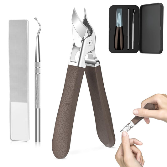 Eagle Beak Slanted Nail Clippers for Thick & Ingrown Toenails - Wide Jaw Opening Anti-Splash Angled Toenail Cutter with Curved Blade, Cuticle Clippers for Seniors, 3-Piece Set with Case