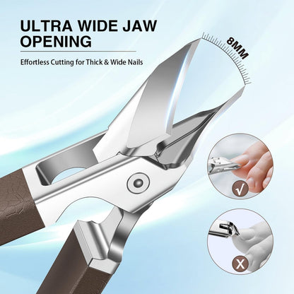Eagle Beak Slanted Nail Clippers for Thick & Ingrown Toenails - Wide Jaw Opening Anti-Splash Angled Toenail Cutter with Curved Blade, Cuticle Clippers for Seniors, 3-Piece Set with Case