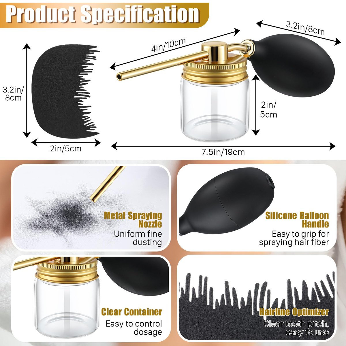 Hohean Hair Building Fiber Spray with Hairline Optimizer – Portable Metal Nozzle Applicator for Thinning Hair (Gold) - görsel 3