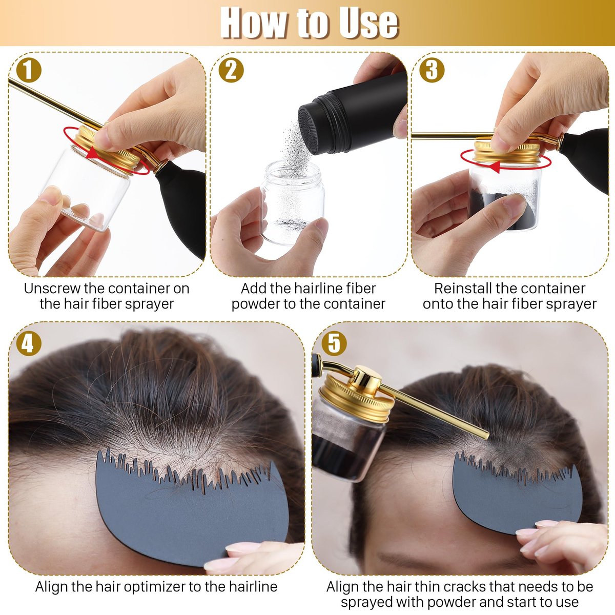 Hohean Hair Building Fiber Spray with Hairline Optimizer – Portable Metal Nozzle Applicator for Thinning Hair (Gold) - görsel 5