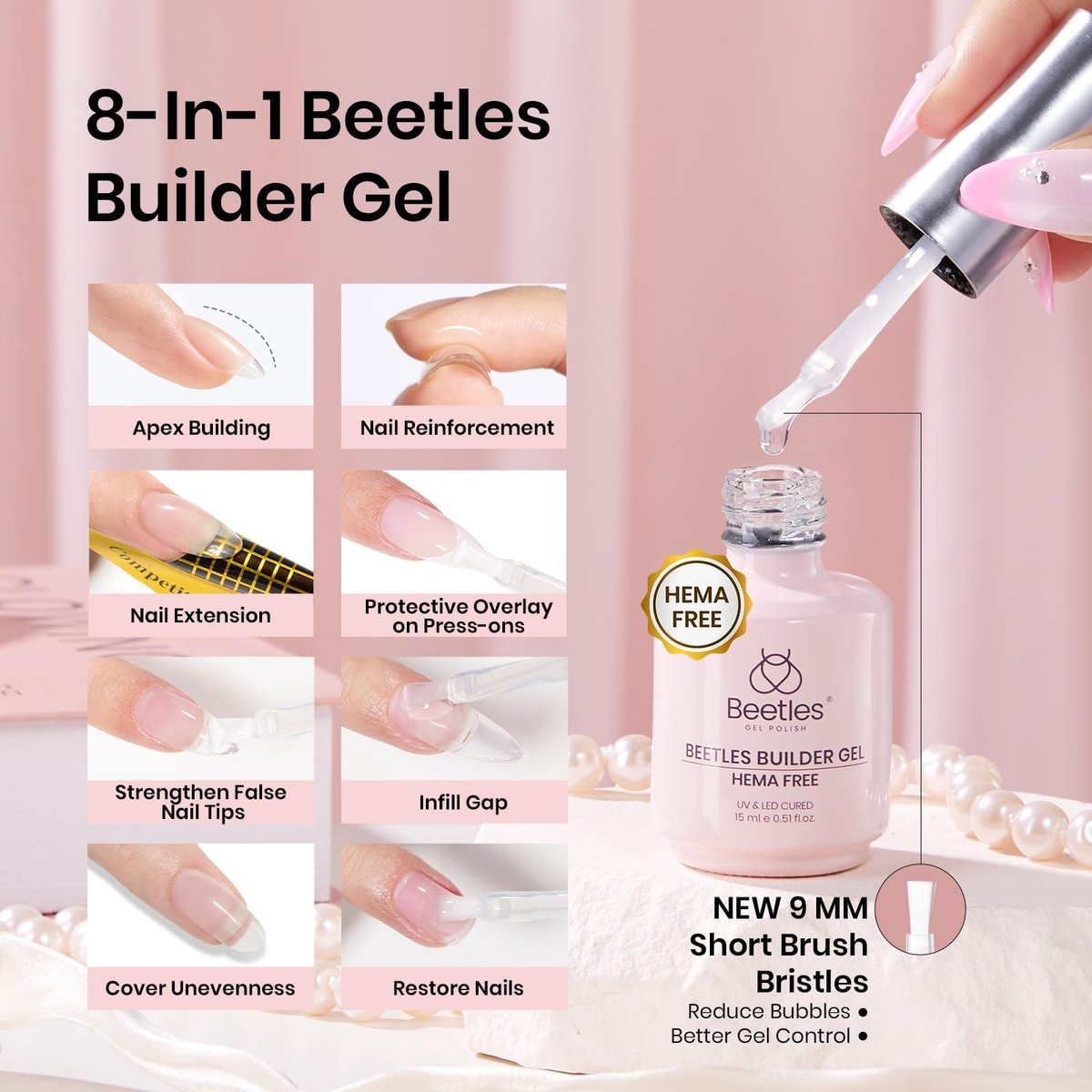 Beetles 2-Pack 15ml HEMA-Free Nail Glue Builder Gel - Clear Builder for Nail Strengthening, Thickening, and Apex Extension - UV Light Required - DIY Salon Manicure Gift for Women - görsel 9