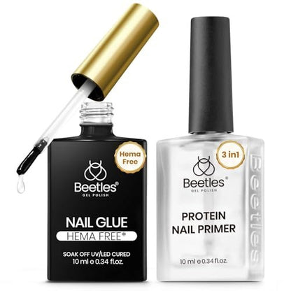 Beetles HEMA-Free Nail Glue & Primer Set – 2Pcs 10ml Super Strong 9 in 1 Bonding Gel and Primer for Acrylic Nails, Long-Lasting Professional Kit (UV Light Required)
