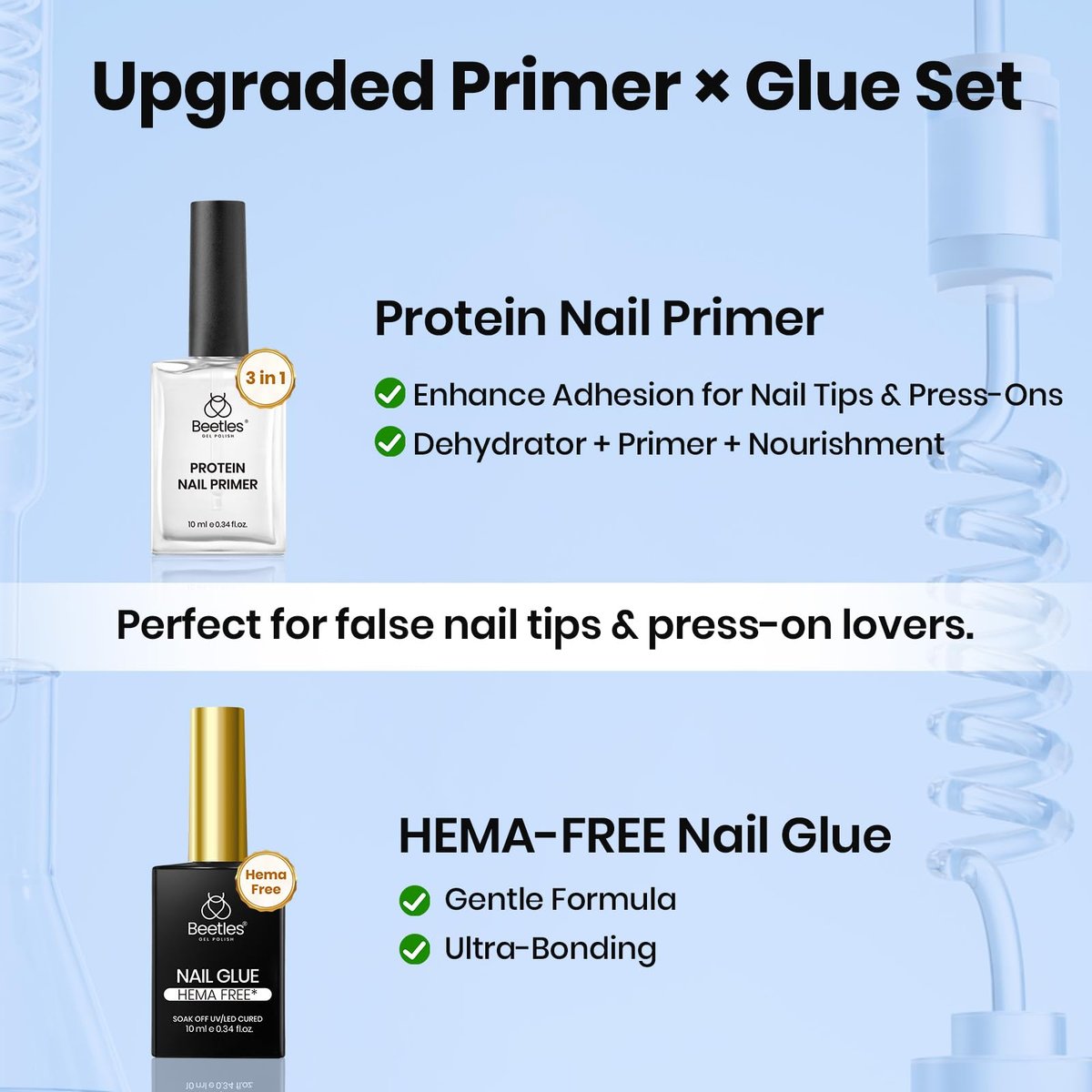 Beetles HEMA-Free Nail Glue & Primer Set – 2Pcs 10ml Super Strong 9 in 1 Bonding Gel and Primer for Acrylic Nails, Long-Lasting Professional Kit (UV Light Required) - görsel 7