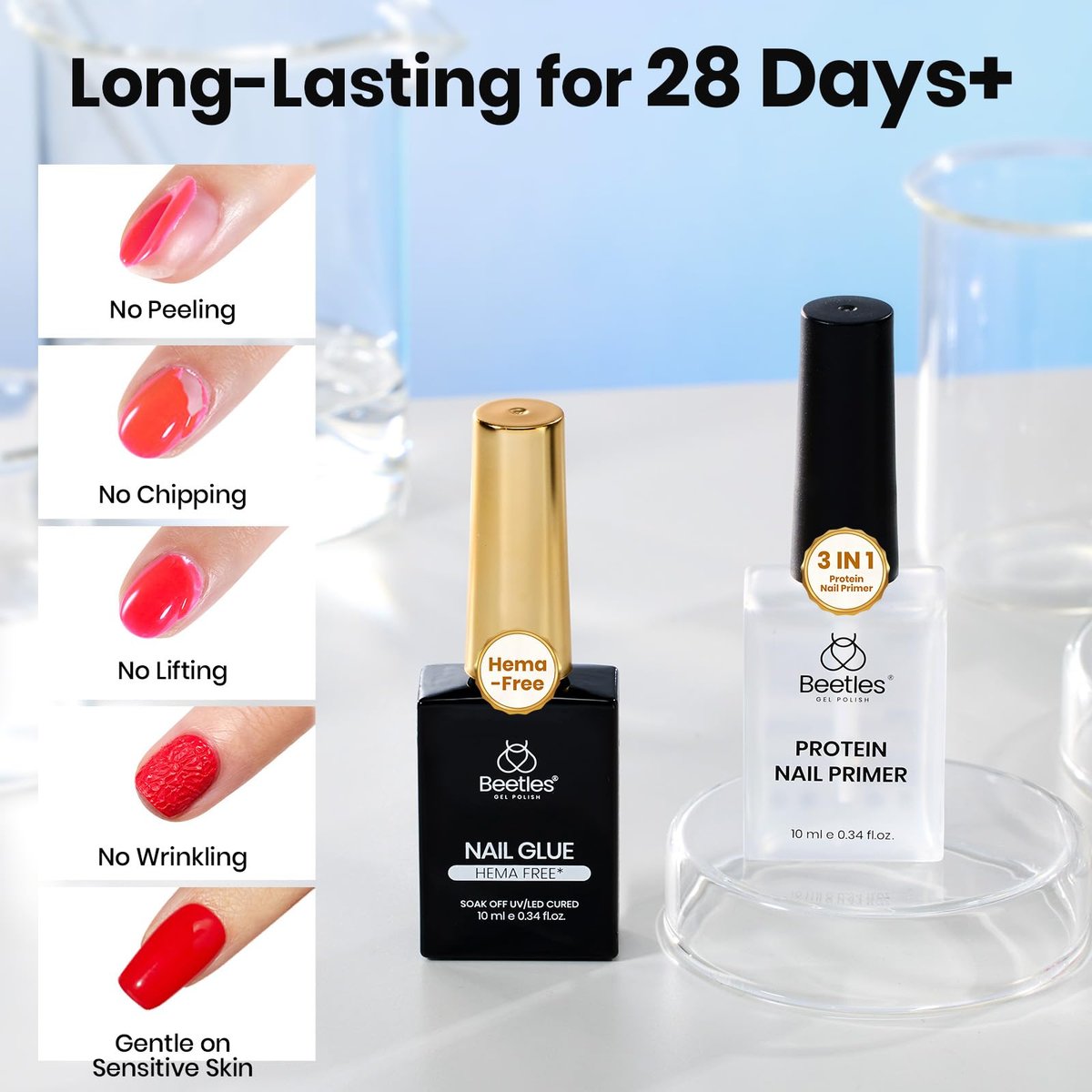 Beetles HEMA-Free Nail Glue & Primer Set – 2Pcs 10ml Super Strong 9 in 1 Bonding Gel and Primer for Acrylic Nails, Long-Lasting Professional Kit (UV Light Required) - görsel 5