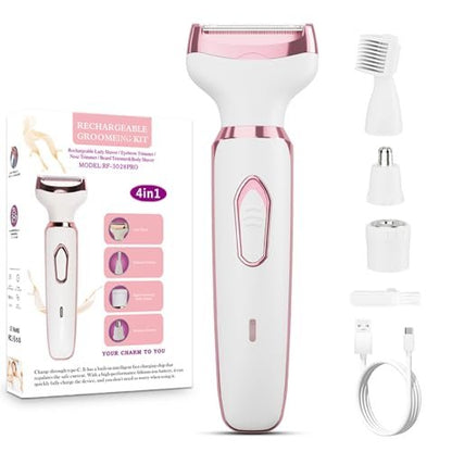 Women's Electric Razor Bikini Trimmer – 4-in-1 Cordless Shaver for Face, Legs, Underarms, Pubic Hair, Wet/Dry Use, Painless Hair Removal, Pink