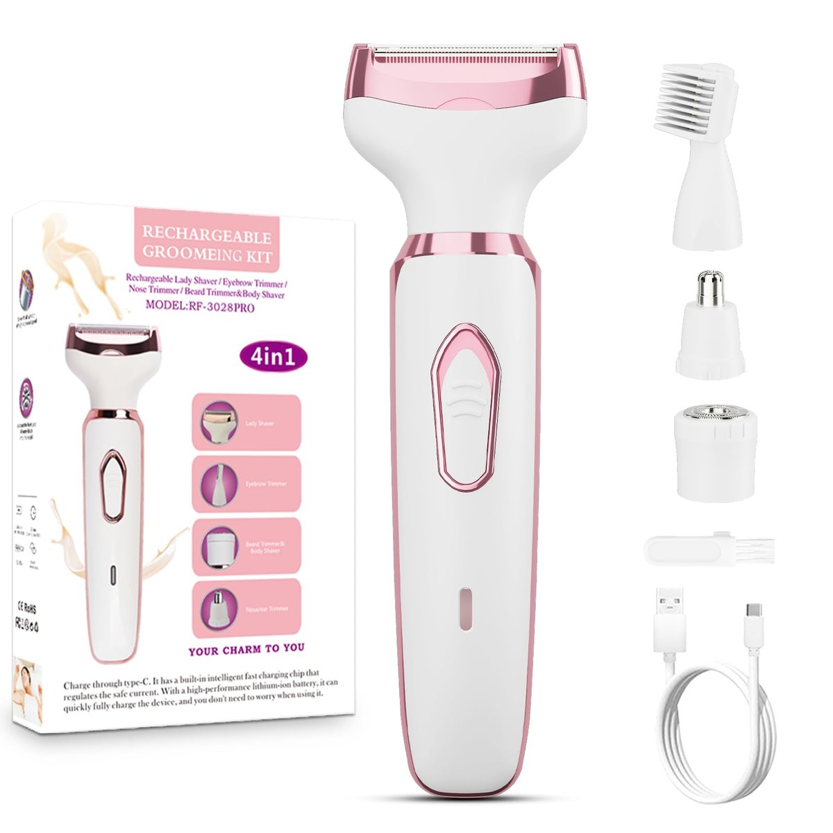 Women's Electric Razor Bikini Trimmer – 4-in-1 Cordless Shaver for Face, Legs, Underarms, Pubic Hair, Wet/Dry Use, Painless Hair Removal, Pink - görsel 1