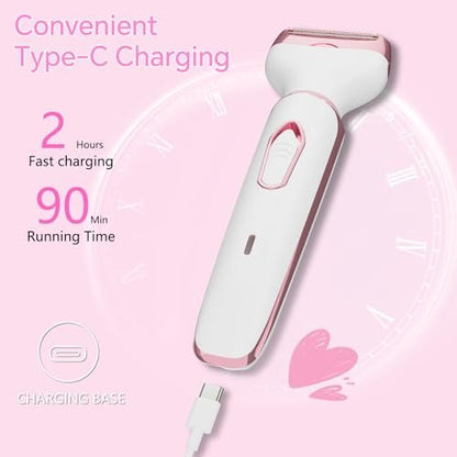 Women's Electric Razor Bikini Trimmer – 4-in-1 Cordless Shaver for Face, Legs, Underarms, Pubic Hair, Wet/Dry Use, Painless Hair Removal, Pink
