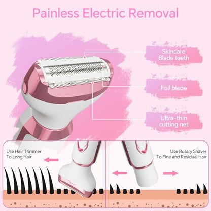 Women's Electric Razor Bikini Trimmer – 4-in-1 Cordless Shaver for Face, Legs, Underarms, Pubic Hair, Wet/Dry Use, Painless Hair Removal, Pink