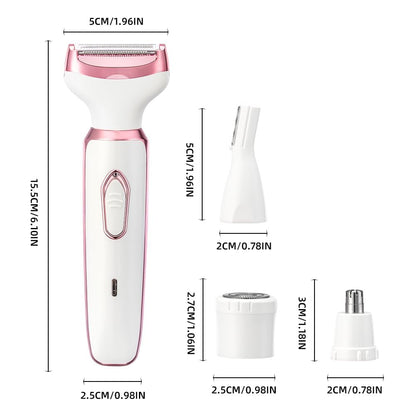 Women's Electric Razor Bikini Trimmer – 4-in-1 Cordless Shaver for Face, Legs, Underarms, Pubic Hair, Wet/Dry Use, Painless Hair Removal, Pink