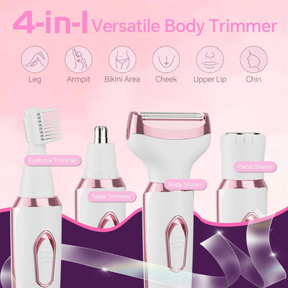 Women's Electric Razor Bikini Trimmer – 4-in-1 Cordless Shaver for Face, Legs, Underarms, Pubic Hair, Wet/Dry Use, Painless Hair Removal, Pink