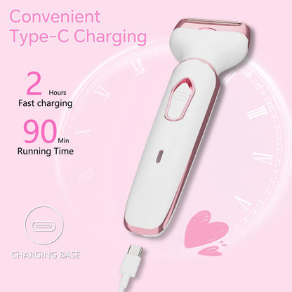 Women's Electric Razor Bikini Trimmer – 4-in-1 Cordless Shaver for Face, Legs, Underarms, Pubic Hair, Wet/Dry Use, Painless Hair Removal, Pink