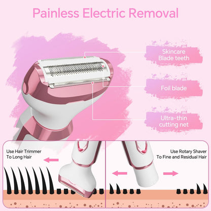 Women's Electric Razor Bikini Trimmer – 4-in-1 Cordless Shaver for Face, Legs, Underarms, Pubic Hair, Wet/Dry Use, Painless Hair Removal, Pink