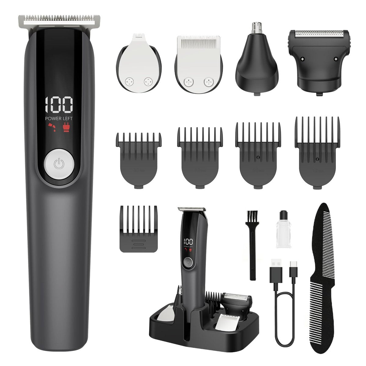 5-in-1 Beard Trimmer for Men - Cordless Electric Razor for Nose, Body, Face & Mustache - Barber Hair Clippers Grooming Kit (Gray) Avelisse
