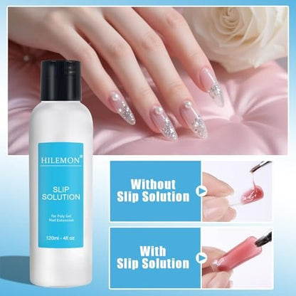 HiLemon Poly Gel Slip Solution Set - 4 Oz Anti-Stick Liquid with Dual-Ended Spatula Brush, Glass Cup & Cotton Pad for Nail Extension Gel