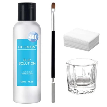 HiLemon Poly Gel Slip Solution Set - 4 Oz Anti-Stick Liquid with Dual-Ended Spatula Brush, Glass Cup & Cotton Pad for Nail Extension Gel