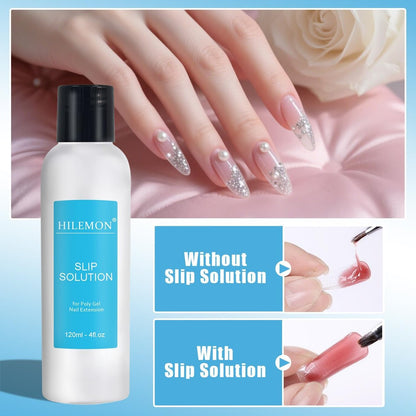 HiLemon Poly Gel Slip Solution Set - 4 Oz Anti-Stick Liquid with Dual-Ended Spatula Brush, Glass Cup & Cotton Pad for Nail Extension Gel