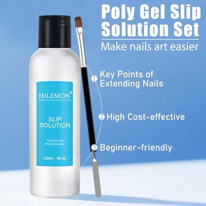 HiLemon Poly Gel Slip Solution Set - 4 Oz Anti-Stick Liquid with Dual-Ended Spatula Brush, Glass Cup & Cotton Pad for Nail Extension Gel