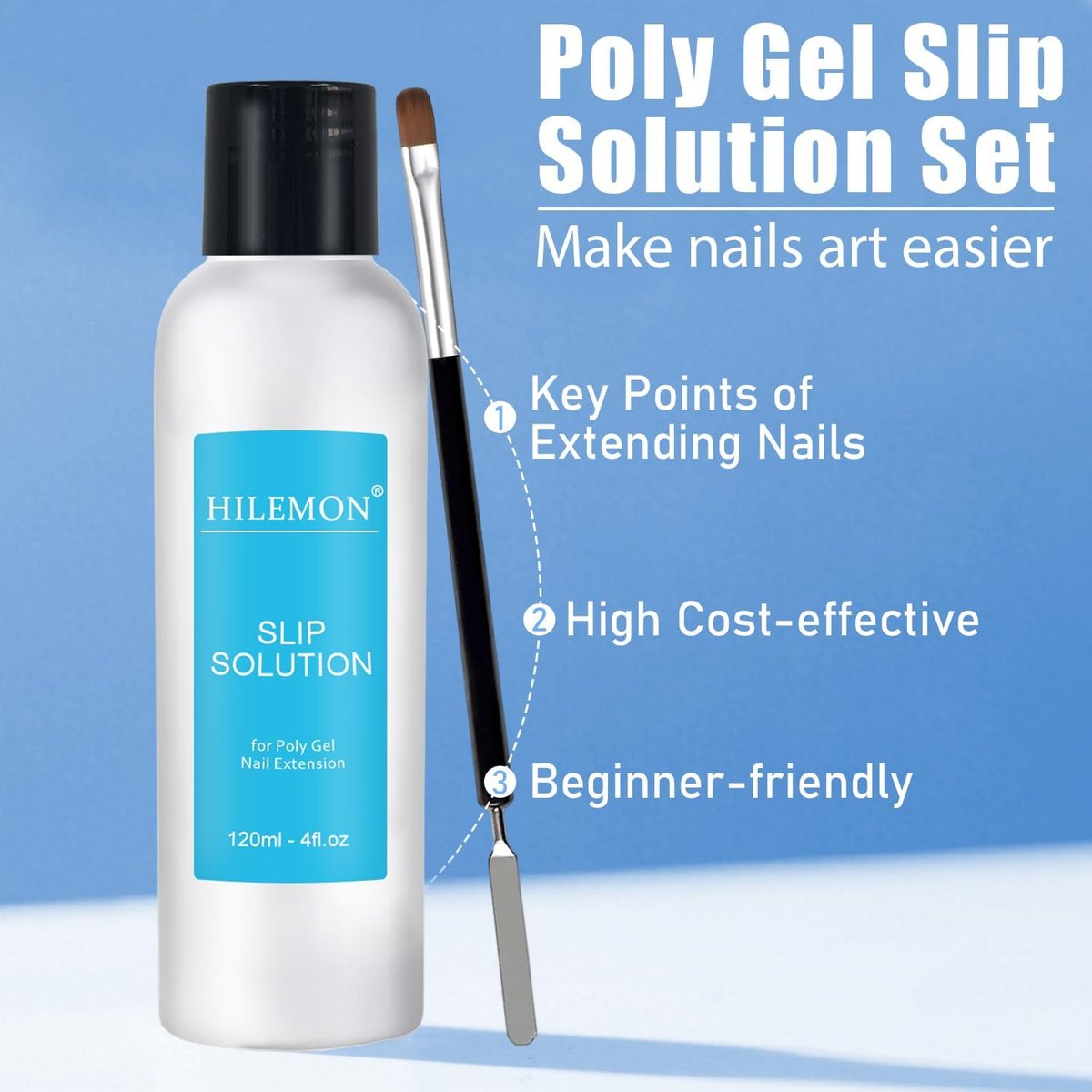 HiLemon Poly Gel Slip Solution Set - 4 Oz Anti-Stick Liquid with Dual-Ended Spatula Brush, Glass Cup & Cotton Pad for Nail Extension Gel - görsel 3