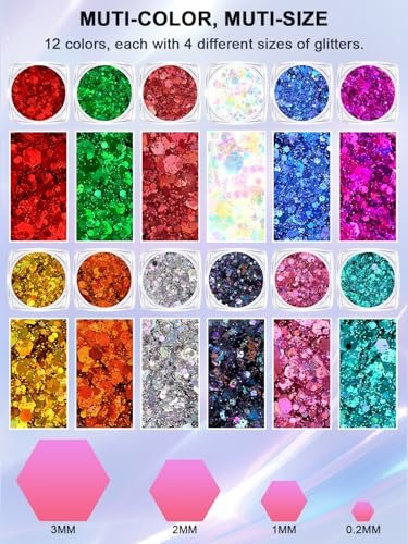 YOOVR 12-Color Body Hair Face Glitter Set - Holographic Glitter Gel for Women & Teen Girls, Rave Festival Party Makeup Kit Avelisse