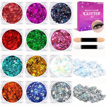YOOVR 12-Color Body Hair Face Glitter Set - Holographic Glitter Gel for Women & Teen Girls, Rave Festival Party Makeup Kit Avelisse