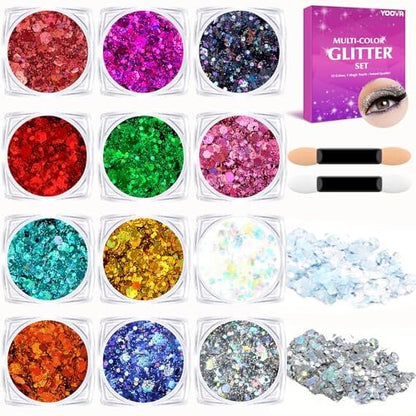YOOVR 12-Color Body Hair Face Glitter Set - Holographic Glitter Gel for Women & Teen Girls, Rave Festival Party Makeup Kit Avelisse