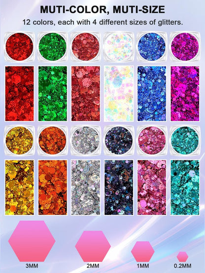 YOOVR 12-Color Body Hair Face Glitter Set - Holographic Glitter Gel for Women & Teen Girls, Rave Festival Party Makeup Kit Avelisse