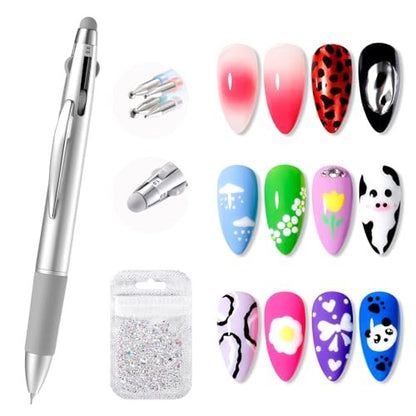 Gellen 5-in-1 Nail Dotting Pen with Ballpoint Pen Design & Nail Rhinestones – Double-End Nail Art Tools for Dotting, Gems, Gradient, Chrome Powder, DIY Manicure Home Salon