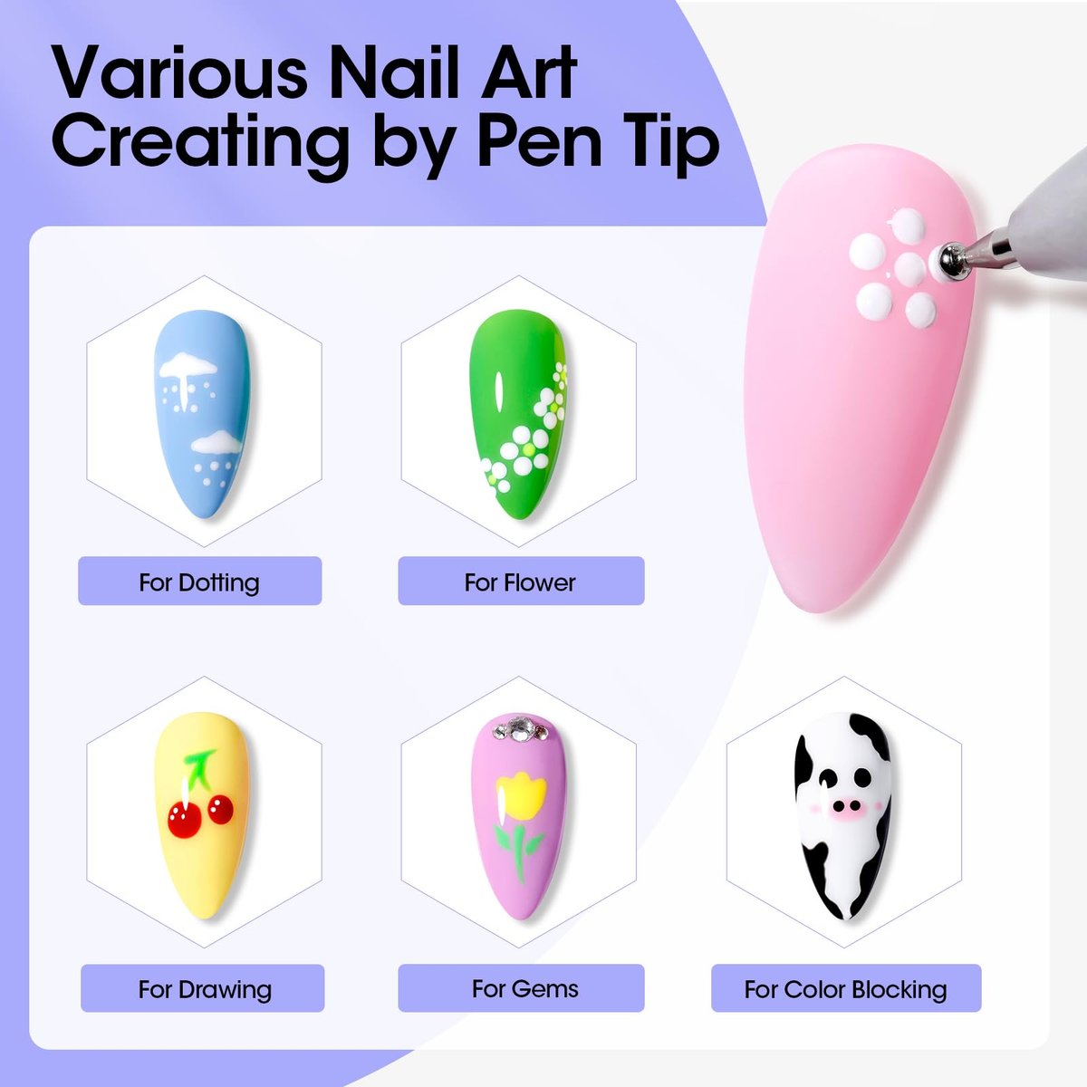 Gellen 5-in-1 Nail Dotting Pen with Ballpoint Pen Design & Nail Rhinestones – Double-End Nail Art Tools for Dotting, Gems, Gradient, Chrome Powder, DIY Manicure Home Salon - görsel 7