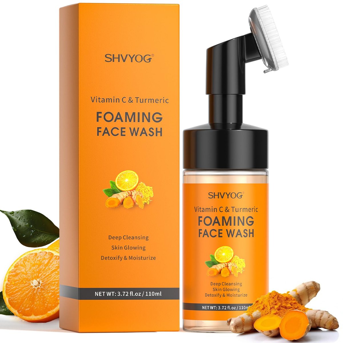 SHVYOG Vitamin C Turmeric Face Wash with Brush - Foaming Facial Cleanser for Dark Spots, Uneven Skin Tone, Moisturizing & Exfoliating, 3.72 Fl Oz - görsel 1