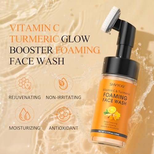 SHVYOG Vitamin C Turmeric Face Wash with Brush - Foaming Facial Cleanser for Dark Spots, Uneven Skin Tone, Moisturizing & Exfoliating, 3.72 Fl Oz - görsel 10