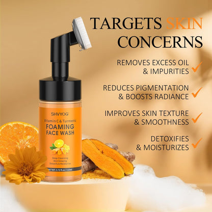 SHVYOG Vitamin C Turmeric Face Wash with Brush - Foaming Facial Cleanser for Dark Spots, Uneven Skin Tone, Moisturizing & Exfoliating, 3.72 Fl Oz