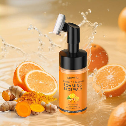 SHVYOG Vitamin C Turmeric Face Wash with Brush - Foaming Facial Cleanser for Dark Spots, Uneven Skin Tone, Moisturizing & Exfoliating, 3.72 Fl Oz