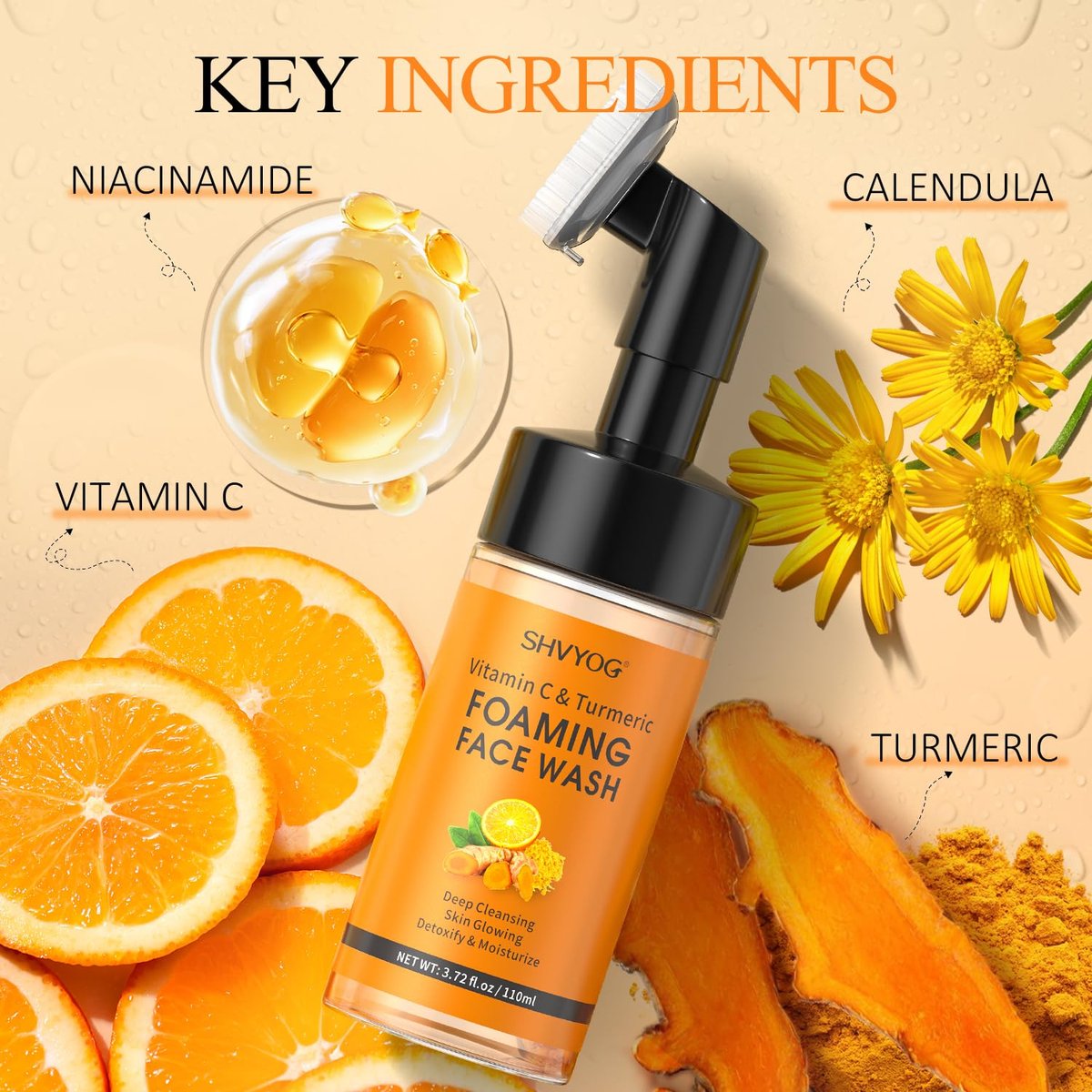 SHVYOG Vitamin C Turmeric Face Wash with Brush - Foaming Facial Cleanser for Dark Spots, Uneven Skin Tone, Moisturizing & Exfoliating, 3.72 Fl Oz - görsel 3