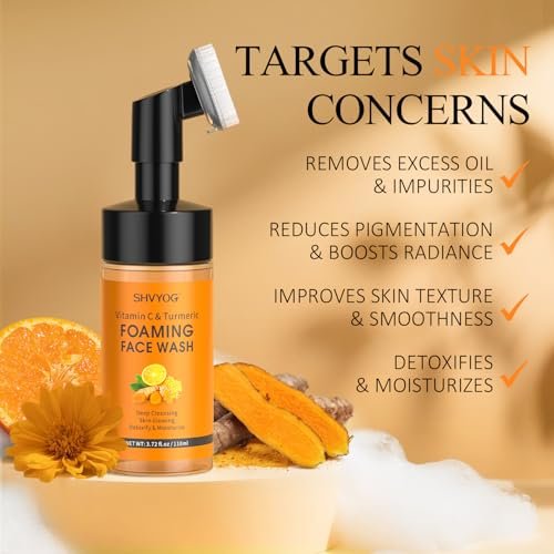 SHVYOG Vitamin C Turmeric Face Wash with Brush - Foaming Facial Cleanser for Dark Spots, Uneven Skin Tone, Moisturizing & Exfoliating, 3.72 Fl Oz - görsel 6