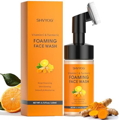 SHVYOG Vitamin C Turmeric Face Wash with Brush - Foaming Facial Cleanser for Dark Spots, Uneven Skin Tone, Moisturizing & Exfoliating, 3.72 Fl Oz